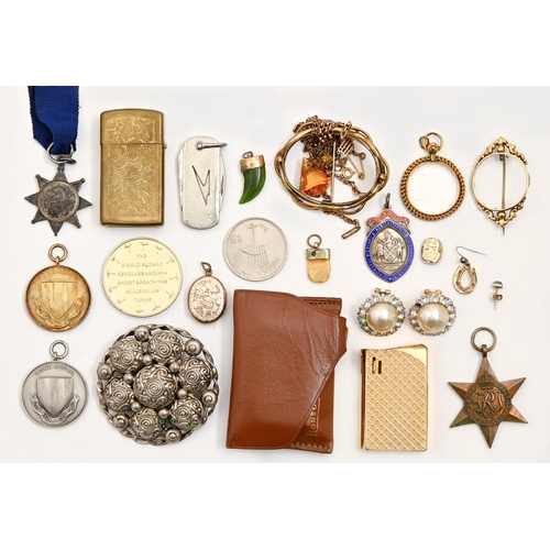 387 - Miscellaneous silver medals and badges, costume jewellery, two lighters and a brass vesta case, Fran... 