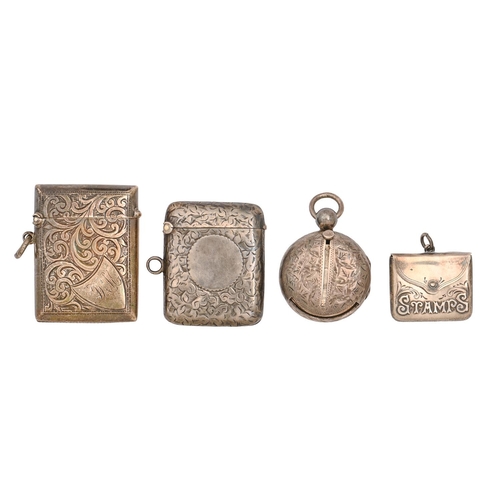 401 - Two Victorian silver vesta cases, a contemporary envelope shaped stamp case and an Edwardian silver ... 