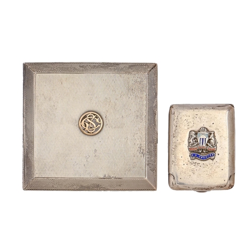 403 - A George V silver cigarette case, engine turned and applied with gold monogram, concealed opening, 8... 