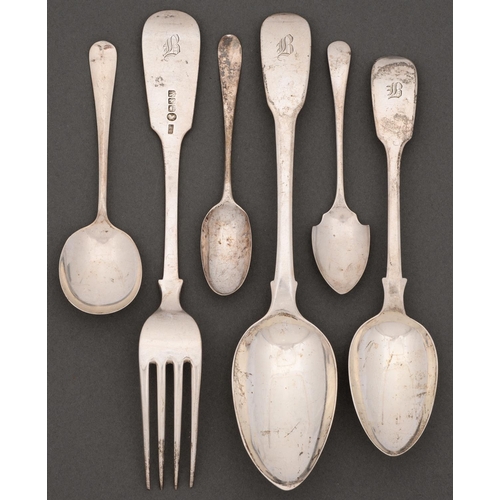 444 - Five silver table and other spoons and a table fork, George III and later, various patterns, 7oz 15d... 