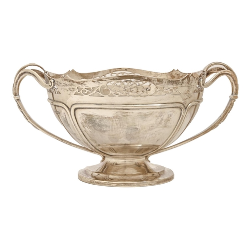 496 - An Edwardian silver fruit bowl, with trifurcated handles and pierced border, engraved FOR A GOOD GIR... 