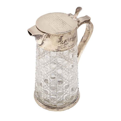 507 - A George V silver mounted cut glass lemonade jug, the lid engraved with contemporary inscription and... 