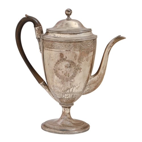 508 - A George III vase shaped silver coffee pot and cover, engraved with vacant cartouche to either side ... 