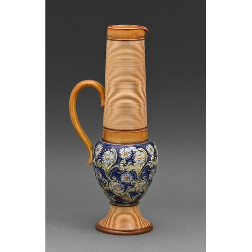 532 - A Doulton Lambeth ware jug, by Emily Partington, c1900, with elongated ribbed neck, moulded with flo... 