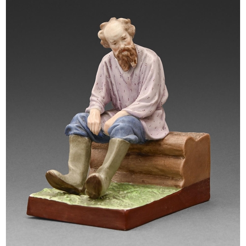 541 - Russian porcelain. A Moscow biscuit figure of a seated peasant, Gardner factory, 19th c, 16cm h, pri... 