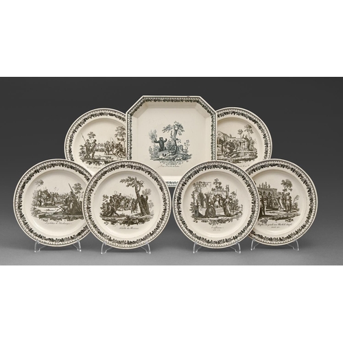 550 - A set of six Criel creamware plates and a square dish, early 19th c, transfer printed with military,... 