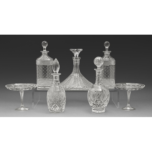 554 - A pair of Victorian cut glass decanters and stoppers, engraved with stars, 28cm h and three other la... 