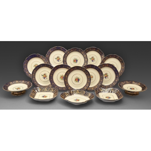 565 - An Aynsley bone china dessert service, c1930, printed and painted with fruit, plate 22cm diam, print... 