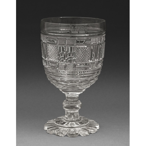 567 - An English cut glass goblet, c1840, the bowl engraved to the rim with foliate initials JMW,&nbs... 