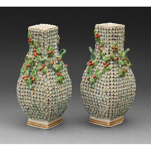 573 - A pair of Derby 'Mayflower' vases, late 18th c, decorated in the Meissen 'Schneeballen' style, tight... 