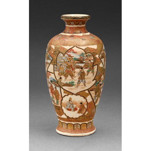 575 - A Japanese Satsuma vase, Meiji period, enamelled with overlapping figural panels of bijin and samura... 