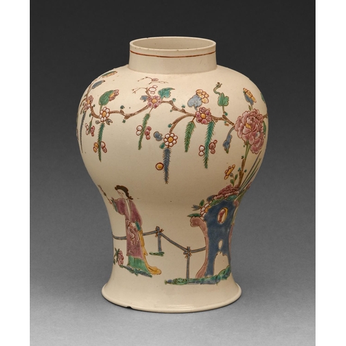 576 - A rare Staffordshire salt-glazed white stoneware jar, c1760-65, with chinoiserie enamel decoration, ... 