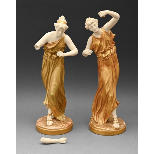 583 - A pair of Royal Worcester figures of classical maidens as 'Music' and 'Dancing', 1918, designed by J... 