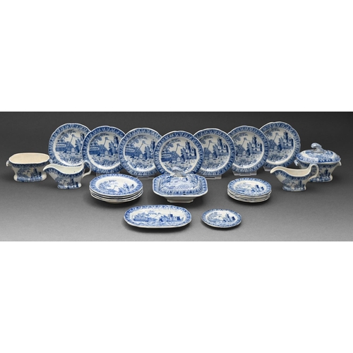 585 - A blue printed earthenware Kite Flying pattern toy dinner service, c1830, tureen and cover 6.5cm h (... 