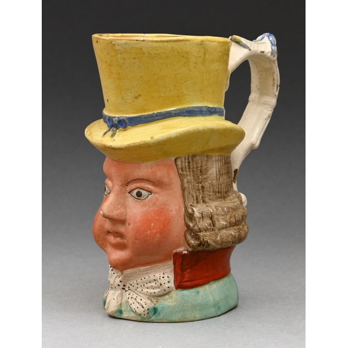 587 - A Staffordshire pearlware theatrical character jug of John Liston as Paul Pry, c1820, 13cm h... 