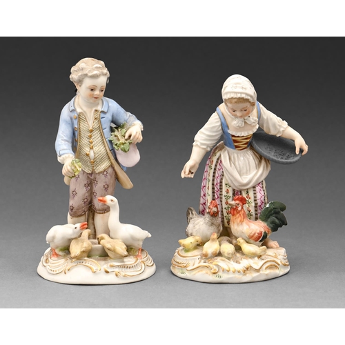 588 - Two Meissen figures of a boy and girl, late 19th c, feeding geese or chickens, 12 and 13cm h, boy in... 