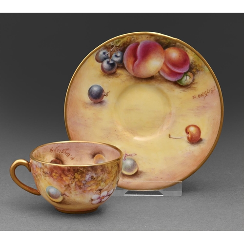 589 - A Royal Worcester miniature teacup and saucer, late 20th c, painted by Paul English, signed, with fr... 