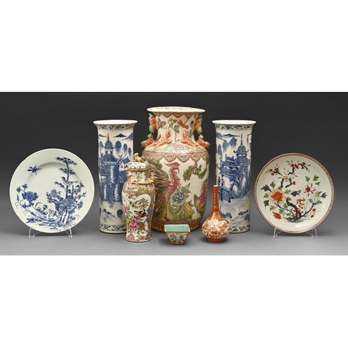 596 - A pair of Chinese blue and white beaker vases, 19th c, painted with continuous landscape scenes, Kan... 