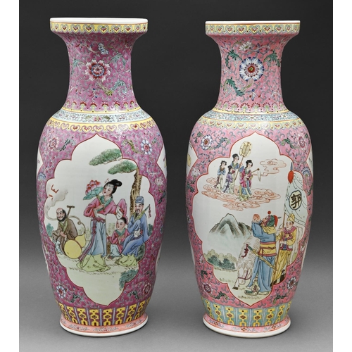 603 - A pair of Chinese porcelain famille rose floor vases, late 20th c, enamelled with figures, 60cm h... 