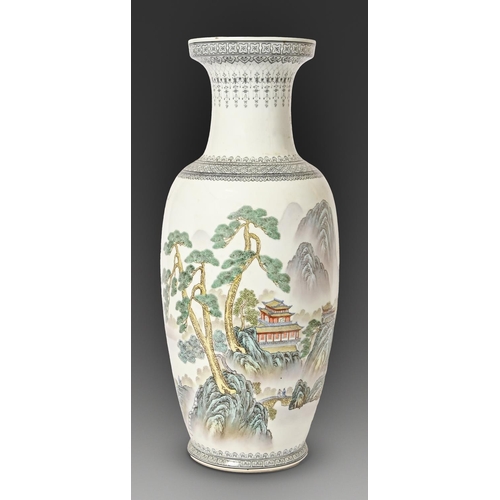 616 - A Chinese famille verte vase, second half 20th c, painted with a mountainous landscape in black bord... 