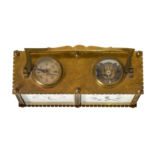 630 - A brass cased carriage clock compendium, with barometer and compass, early 20th c, with shaped brass... 