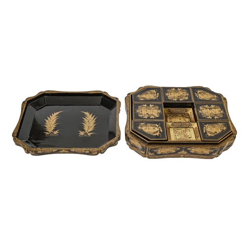 634 - A Chinese export black and gold lacquer games box, c1840, the interior fitted with seven boxes and c... 