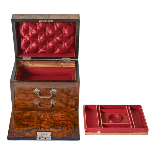 649 - A Victorian walnut jewellery box, the fitted interior with two drawers and fold-down front panel, ke... 