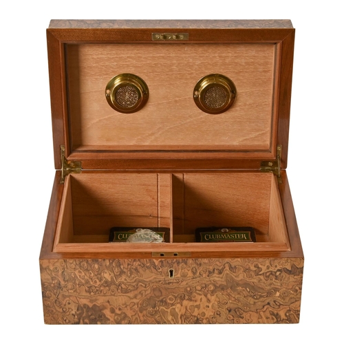 650 - A burr walnut humidor, with brass presentation plaque, 15 x 35 x 21cm