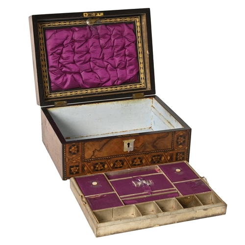 652 - A Victorian walnut and marquetery sewing box, with mother of pearl escutcheon, fitted interior, key,... 