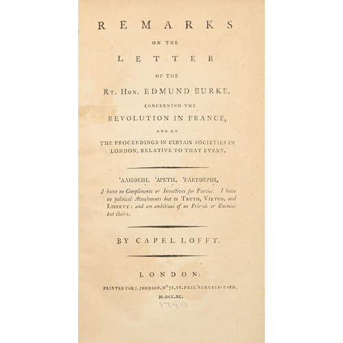 69 - French Revolution. Lofft (Capel), Remarks on the Letter of the Rt. Hon. Edmund Burke, Concerning the... 