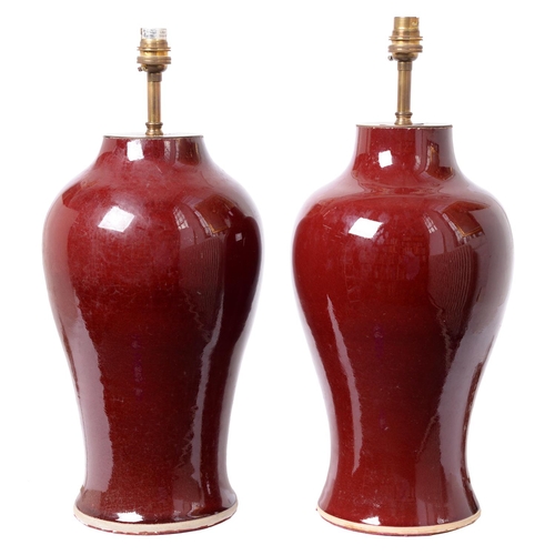 691 - A pair of Chinese flambé vases, adapted as lamps, the porcelain 19th/early 20th c, 37cm h exc... 