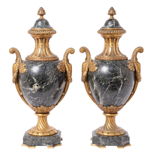 692 - A pair of French ormolu mounted Vert de Mer marble vases and covers, c1900, in Louis XVI style, 43cm... 