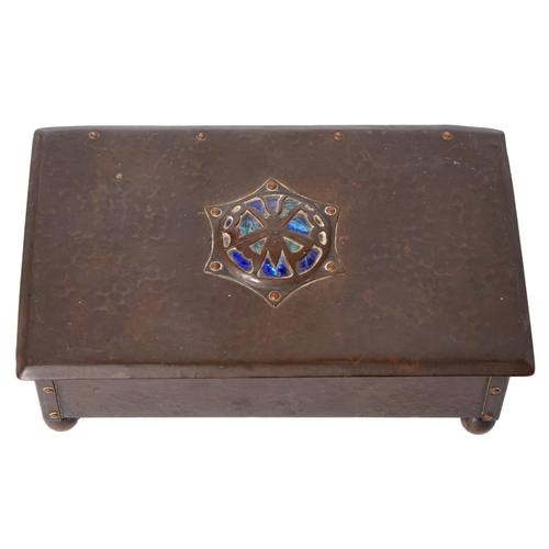 694 - An Arts and Crafts copper and enamel cigarette box, c1900, with butterfly decoration, on four ball f... 