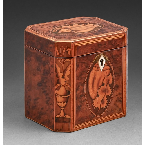 696 - A George III burr yew and inlaid tea caddy, the lid and front with shell paterae flanked by urns wit... 