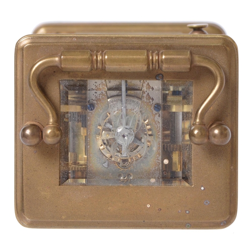 705 - A French brass carriage clock, early 20th c, with lever escapement and enamel dials, the case with b... 