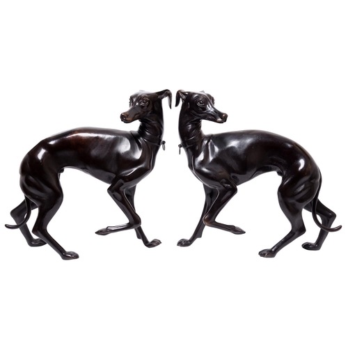 733 - A pair of bronze models of whippets, 55cm h