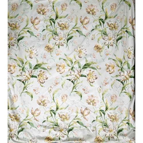 744 - A pair of pale green cotton sateen curtains,  with floral pattern, interlined, two widths in each cu... 