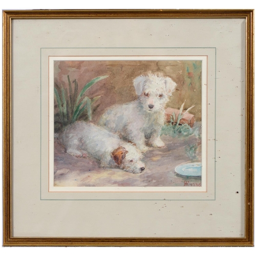 787 - English School, second-quarter 20th century - Resting Terriers, monogrammed T.* and dated 1936, wate... 