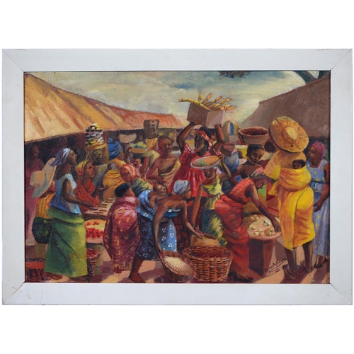 788 - Edna Nyarko Fianko (Ghanian, fl mid 20th century) - Kumasi Market, signed and dated 1965, oil on boa... 