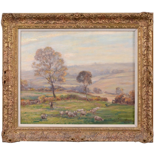 795 - English School, first half 20th century - Shepherd and his Flock, indistinctly signed, oil on board,... 