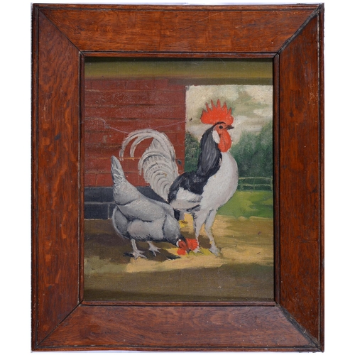 817 - 19th/20th century - Cocks and Hens, a set of three, oil on artist's board, 30 x 22.5cm, oak frames (... 