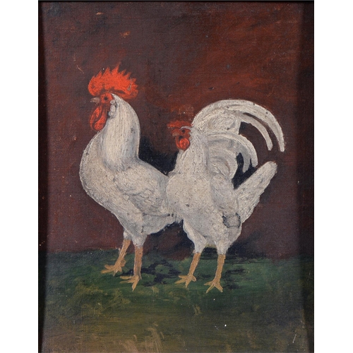 817 - 19th/20th century - Cocks and Hens, a set of three, oil on artist's board, 30 x 22.5cm, oak frames (... 