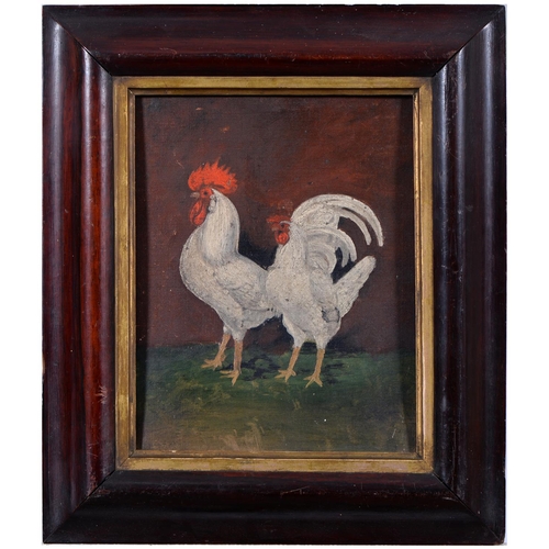 817 - 19th/20th century - Cocks and Hens, a set of three, oil on artist's board, 30 x 22.5cm, oak frames (... 