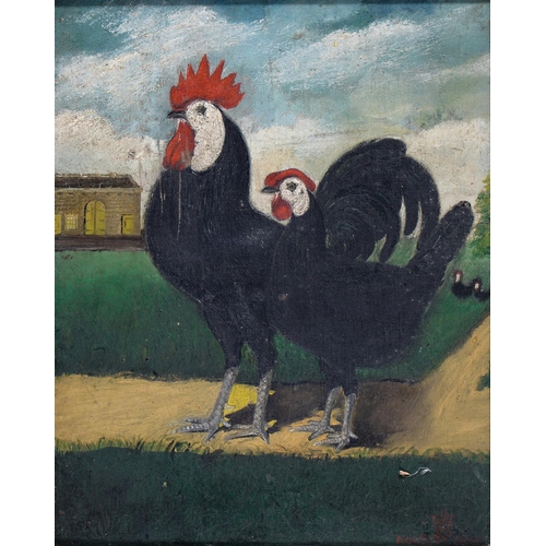 817 - 19th/20th century - Cocks and Hens, a set of three, oil on artist's board, 30 x 22.5cm, oak frames (... 