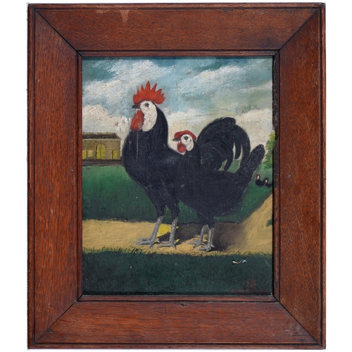 817 - 19th/20th century - Cocks and Hens, a set of three, oil on artist's board, 30 x 22.5cm, oak frames (... 