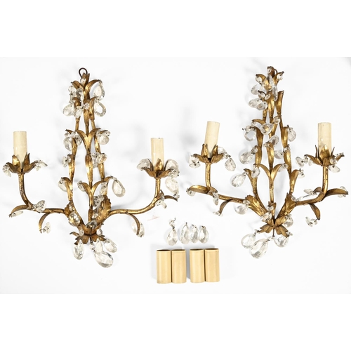 925 - An antique style giltmetal and cut glass five-branch chandelier, 48cm w and a pair of twin-branch wa... 