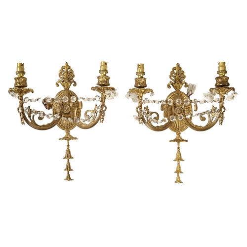 926 - An antique style giltmetal and cut glass eight-branch chandelier, 62cm w and a set of six twin-branc... 