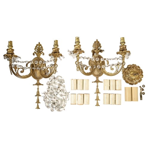 926 - An antique style giltmetal and cut glass eight-branch chandelier, 62cm w and a set of six twin-branc... 