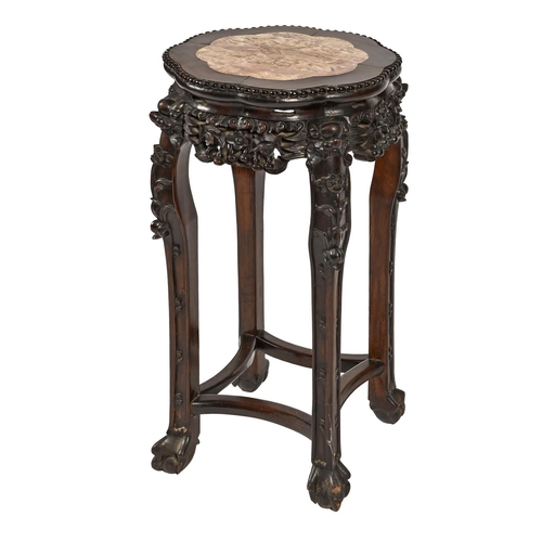 986 - A Chinese carved hardwood jardiniere stand, early 20th c, with marble inset top, 62cm h, 35cm w... 