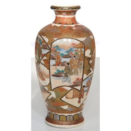 575 - A Japanese Satsuma vase, Meiji period, enamelled with overlapping figural panels of bijin and samura... 